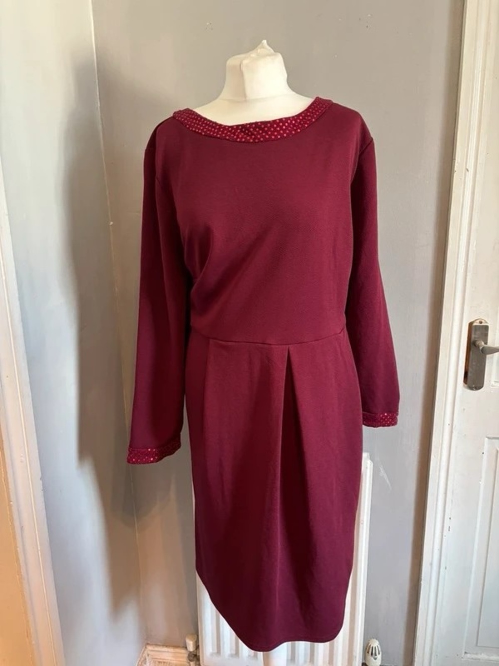 Long-Sleeve Burgundy Maxi Dress with Beaded Trim